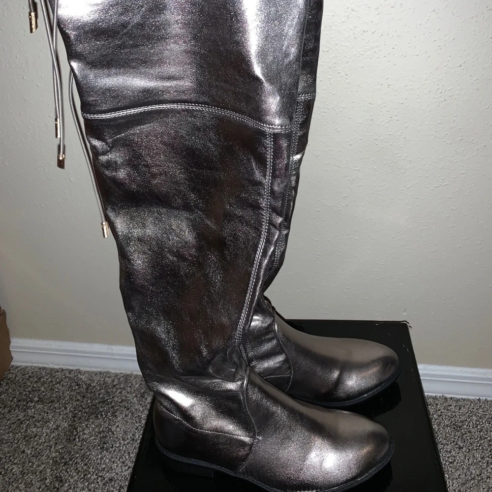 Flat silver boots metallic shine over the knee high no heel NWT
